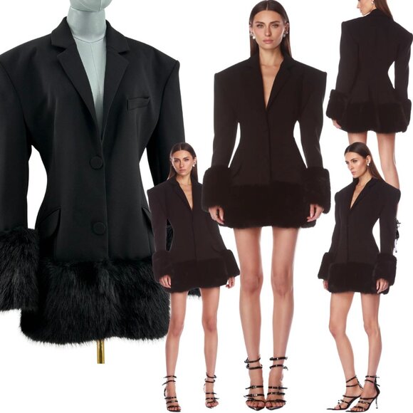 🆕 BRONX & BANCO 🧿 NWOT Emerson Black Faux Fur Trimmed Blazer Dress, Sz M US 6 - Picture 1 of 17